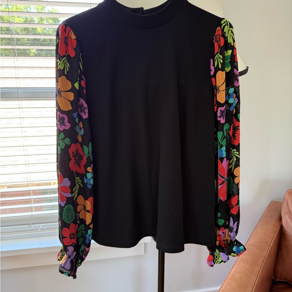 Chic Black Blouse with Floral Sleeves